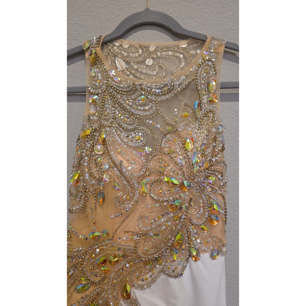 JVN by Jovani White and Gold Beaded Illusion-Back Evening Gown - Picture 3 of 16